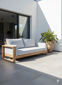 Canapé de jardin en bois minimaliste deux places, mobilier d'extérieur, coussins gris clair, design durable - Product Image 4