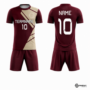 ชุดฟุตบอลสั่งทำ SINEWY SPORTS สำหรับผู้ชาย สีแดงเลือดหมู-เบจ พิมพ์ลายแบบ Sublimation ผ้าโพลีเอสเตอร์ 100% แขนสั้น ระบายเหงื่อได้ดี ชุดทีม - Product Image 1
