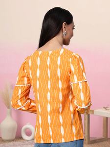 Haut en coton imprimé Ikkat, couleur orange, décontracté, ethnique, pour l'été, à porter au quotidien, confortable, respirant, séchage rapide, protection solaire - Product Image 2