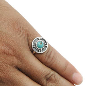 Bijoux de haute qualité en argent sterling 925 oxydé, avec pierre précieuse turquoise de forme ronde, bague au design exotique pour femmes - Product Image 5