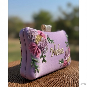 Handmade <b>Purple</b> Floral Embroidered Satin <b>Clutch</b> with Beaded Flowers and Neha Name Personalization 7 Inch for Evening Use - Product Image 2