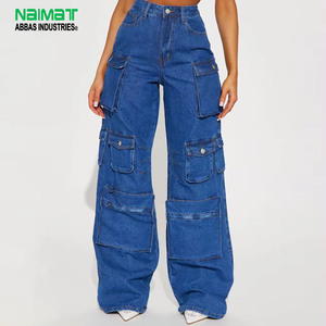 High Quality Women Blue Denim Cargo Jeans Multi Pocket Wide Leg Baggy Trousers For Casual Streetwear And Everyday Fashion Wear - Product Image 1