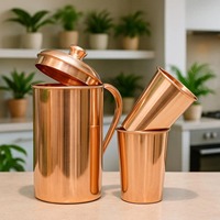 Juego de Jarra de Agua de Cobre Forjado a Mano - Tapa Push-Pull Antiderrames, Diseño Delgado de Lujo, Unisex, Regalo de Boda, Uso Doméstico, Personalizable, Estilo Antiguo