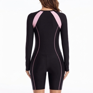 Maillot de bain une pièce à manches longues pour femme avec fermeture éclair UPF50+ Rash Guard Sportswear Noir avec bordure rose respirant - Product Image 2