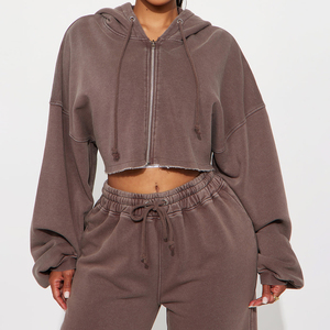 2026 Hot Sale Women's Washed-Look <b>Distressed</b> Solid Short Zipper Hooded Collar <b>Top</b> & Pants Casual Sportswear 2-Piece Set Women - Product Image 4