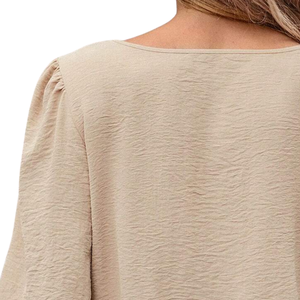 Women's Beige Solid Breathable Chiffon Blouse Crew Neck Hubble-<b>Bubble</b> Sleeve Ruffles Three Quarter Sleeve Loose Fit Casual <b>Top</b> - Product Image 4