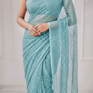 Tissu en soie fine de qualité export, lourd, entièrement brodé de sequins, non cousu, pour blouse et sari - Product Image 1