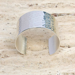 Handmade <b>Hammered</b> Brass Cuff Bracelet Wide <b>Silver</b> Plated Boho Statement <b>Bangle</b> - Chunky Adjustable Metal Wristband Jewelry - Product Image 6