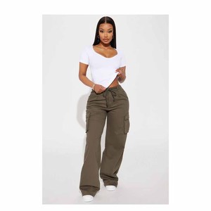 Pantalones Cargo de Color Sólido para Mujer, Cintura Media, Corte Holgado, Cierre con Cordón, Estilo Casual, Pantalones Largos de Algodón - Product Image 5