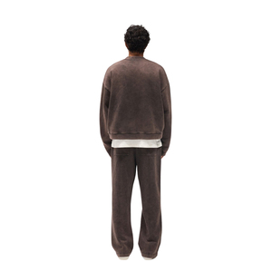 Men's Brown Washed Matching Set Oversized Crewneck <b>Flare</b> <b>Sweatpants</b> Fleece Co-ord Set <b>Wholesale</b> - Product Image 4