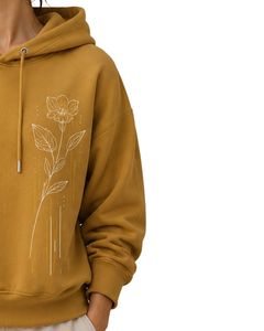 Sweat-shirt à capuche surdimensionné jaune moutarde pour femme, imprimé graphique floral personnalisé, en molleton de coton, style streetwear décontracté - Product Image 4