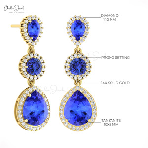 Wholesale Supplier 10x8mm Pear Cut Tanzanite & Diamond Cocktail Halo <b>Earrings</b> With 14k Solid <b>Gold</b> Handmade <b>Dangle</b> Drop <b>Earring</b> - Product Image 4