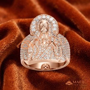 <b>Men</b>’s Rose Gold Finish Heart of Jesus Medallion <b>Ring</b> – Detailed 3D Christ Portrait with Baguette & Pave Iced Out Hip Hop - Product Image 1