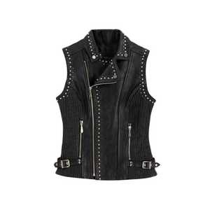 Chaleco de cuero genuino para mujer, negro, informal, sin mangas, con tachuelas, solapa y cremallera, estilo motero, top de moda, abrigo de exterior para mujer, el más vendido. - Product Image 1
