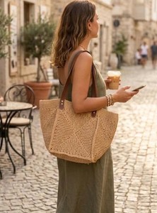 Handmade Crochet Raffia Tote <b>Bag</b>, Woven Beach <b>Bag</b>, <b>Boho</b> Leather Straps - Product Image 3