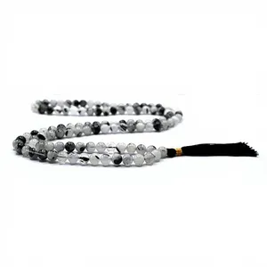 Collier Mala 108 Perles en Quartz Rutile Noir Naturel, Perles de Prière Rondes de 8mm en Pierre Gemme, Méditation Yoga, Pompon, Certifié, Vente en Gros - Product Image 3