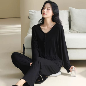 Conjunto de pijama de punto con cintura elástica y ribete en contraste para mujer, pantalones y top de manga larga, ropa de dormir cómoda, ropa moderna para estar en casa, suave - Product Image 3