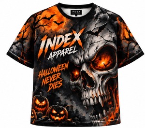 Camiseta de Halloween con Diseño de Calavera para Hombre, Manga Corta, Corte Regular, Cuello Redondo, Estampado Gótico, Marca Index Apparel - Product Image 1
