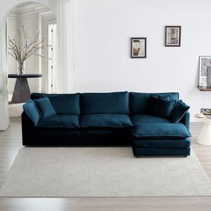 Divano Componibile Modulare a L Oversize in Ciniglia Blu con Pouf Reversibile per Soggiorno - Product Image 1