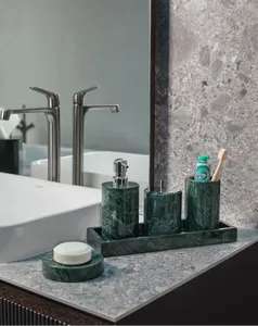 Elegante Juego de Accesorios de Baño de Mármol Verde Ecológico, Duradero e Impermeable, Dispensador de Jabón, Portacepillos de Dientes, Accesorios de Baño de Lujo - Product Image 3