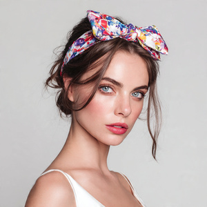 Serre-tête à nœud latéral en tissu imprimé, motif floral et à carreaux pour femme - Product Image 1