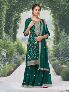 Presentamos un conjunto de salwar kameez de diseño personalizado y cómodo, con tela de seda Vichitra de alta calidad y gran volumen, y dupatta. - Product Image 4