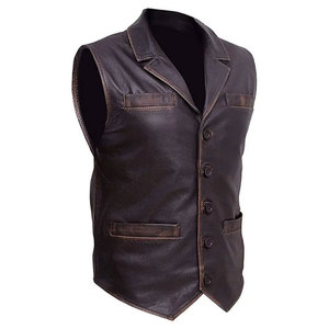 SALVA LEATHER Men's <b>Black</b> Moto Biker <b>Vest</b> V-neck Windproof Breathable Genuine Leather 300g Outerwear Regular Fit Solid Color - Product Image 5