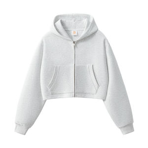 Wholesale <b>Cropped</b> <b>Zip</b> <b>Up</b> Hoodie Women's Fleece Drop Shoulder Full <b>Zip</b> Split Kangaroo Pocket Short Length Casual Streetwear - Product Image 4