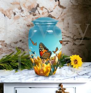 Urne décorative pour cendres humaines adultes, motif papillon monarque et fleurs jaunes, hommage paisible, urne commémorative, souvenir décoratif - Product Image 4