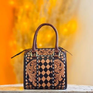 Brown And Black Color Checkered Diamond Pattern Hand Tooling Florals Carved 100% Genuine Leather Material Mini Speedy Duffle Bag - Product Image 1