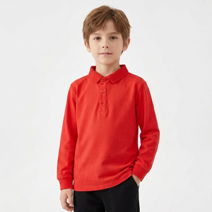 Camisa Polo de Manga Larga para Niños, Color Rojo Sólido, Estilo Casual, 100% Algodón Tejido, Uniforme Escolar, Uso Diario, Hecho en Bangladesh - Product Image 4