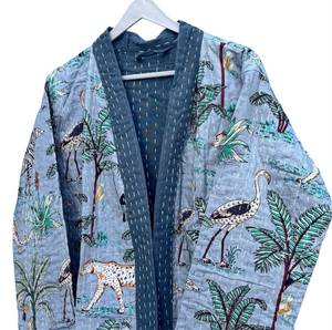 Dhati Handicrafts KK101 Unisex Long Cotton Quilted Indian Robe Animal <b>Kantha</b> <b>Jacket</b> Breathable Eco-Friendly Quick Dry Liner Belt - Product Image 2