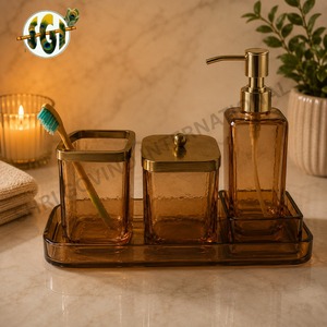 Luxury Amber Glass Five-piece <b>Bathroom</b> <b>Accessories</b> <b>Set</b> Gold Finish Soap Dispenser Toothbrush Holder Storage Jar Decorative Tray - Product Image 2