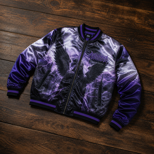 Chaqueta Bomber Gótica para Hombre, Color Morado, Diseño de Alas y Castillo Estampados en Satén, Cierre de Cremallera Frontal, Corte Regular, Estilo Otoñal - Product Image 1