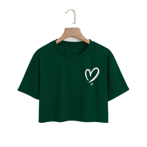 Camiseta Corta Verde Oscuro en Oferta, Camiseta de Algodón con Estampado de Corazón para Mujer, Blusa Informal de Manga Corta Personalizada - Product Image 3