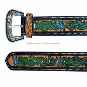 Western leather hand tooling <b>belt</b> floral embossed colorful design western buckle tooled leather <b>belt</b> for <b>cowboy</b> - Product Image 6