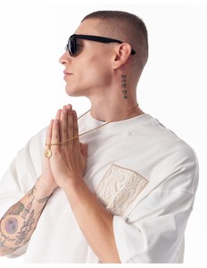 Men's Oversized <b>White</b> T-Shirt With Lace Applique Patch Street Style Short Sleeve O-Neck Cotton Jersey <b>Tee</b> - Product Image 1