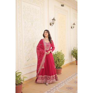Rich <b>Sequins</b> Embroidered Ball Gown <b>Party</b> Wear with Empire Waistline Made of Organza Fabric - Product Image 4