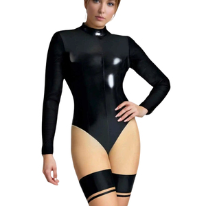 Combinaison moulante noire à col roulé et manches longues en PU pour femme, taille haute, en Spandex et Nylon, idéale pour les soirées - Product Image 6