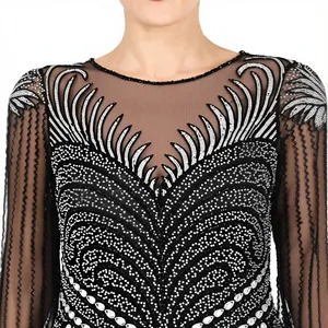 Robe de soirée élégante noire à sequins, coupe fourreau, motif géométrique, manches longues, longueur ras du sol - Product Image 6