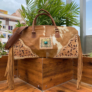 Sac de sport à franges de grande capacité pour unisexe Style luxe cuir de vachette usiné pierre turquoise durable pour voyage de week-end en plein air - Product Image 4