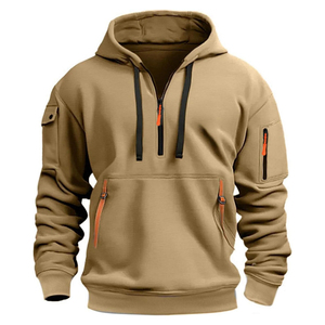 Sweat-shirt à capuche pour homme, couleur kaki, fermeture éclair quart de tour, coupe classique, couleur unie, pull décontracté avec poches, matière polaire tricotée - Product Image 1