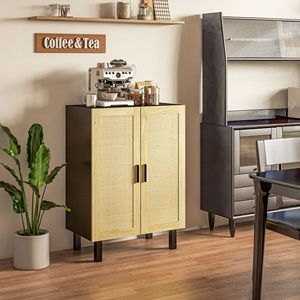 Mobile da Cucina Boho Nero e Rovere Naturale con 2 Ante in Rattan, Ripiani Regolabili per Sala da Pranzo, per Uso in Villa - Product Image 2