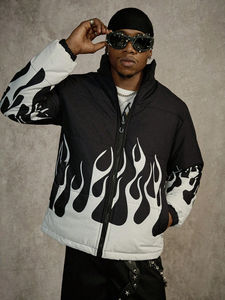 Men Flame Print Puffer Jacket Streetwear Winter Jacket Custom Graphic Puff Jacket Hip Hop Fashion Outerwear - Product Image 4