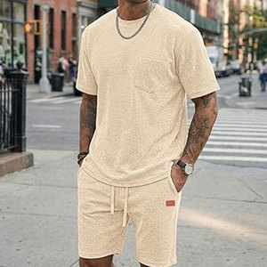 Conjunto de 2 Piezas de Camiseta y Pantalones Cortos Tipo Waffle, Traje de Playa para Vacaciones con Bolsillos, Camiseta y Pantalones Cortos Casuales de Verano Ligeros y Transpirables - Product Image 3