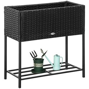 Letto da giardino in metallo sopraelevato di Design nero moderno con aspetto in Rattan e deposito di utensili - Product Image 1