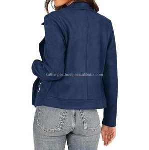 Vestes pour femmes en daim de Style motard bleu avec fermeture à glissière asymétrique col à revers manches longues recadrée Moto Fit Look Vintage moderne - Product Image 2