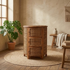 Mesa de Noche Tradicional de Madera de Teca con Mimbre Natural Tejido, Mesa Auxiliar de 3 Cajones para Almacenamiento, Mueble para Dormitorio, Sala de Estar u Hospital - Product Image 4
