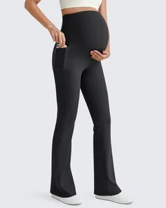 Custom LOGO Maternity High Waisted <b>Flared</b> Yoga Pants Solid Stretch Side Pockets Belly Support Soft Casual Pants for Women - Product Image 2