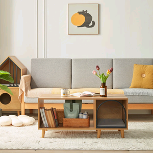 Mesa de Centro Moderna de Lujo Ligero en Madera Maciza 2 en 1 con Cueva para Mascotas, Entrada en Arco y Ventana Lateral para Sala de Estar/Apartamento - Product Image 1